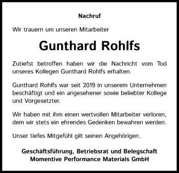Anzeige von Gunthard Rohlfs von Kölner Stadt-Anzeiger / Kölnische Rundschau / Express