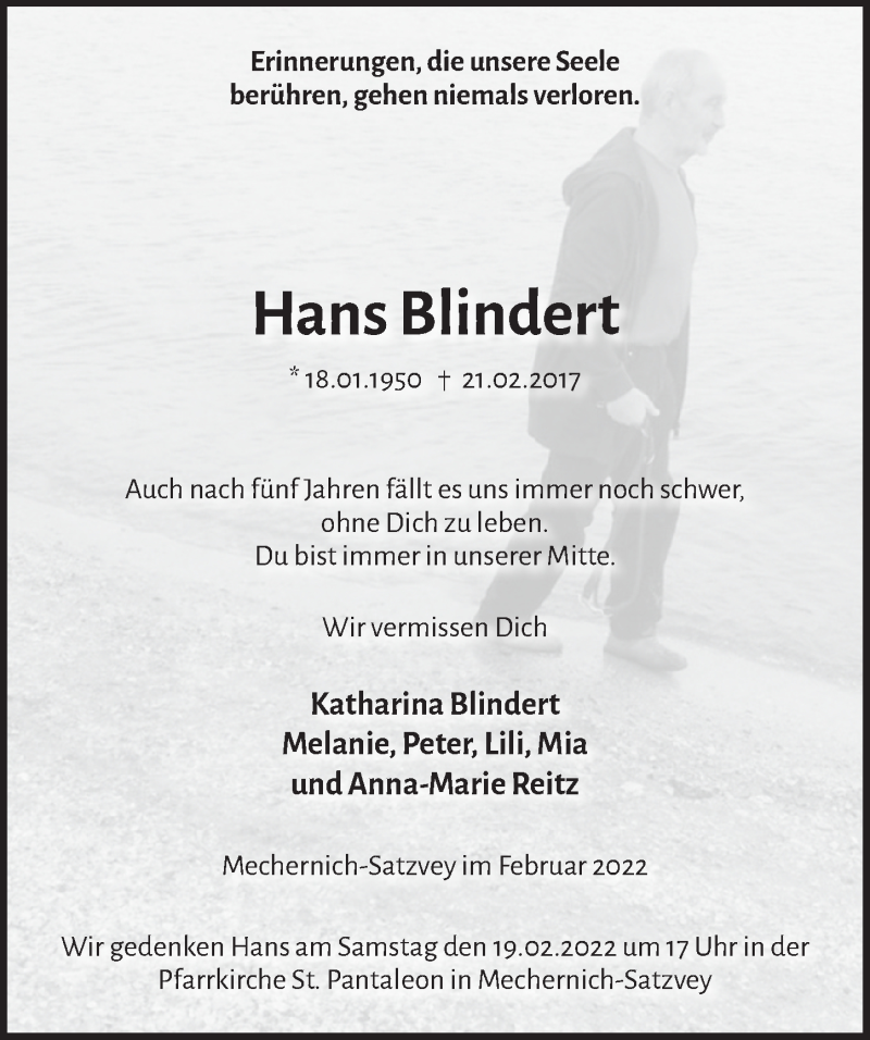  Traueranzeige für Hans Blindert vom 19.02.2022 aus  Blickpunkt Euskirchen 