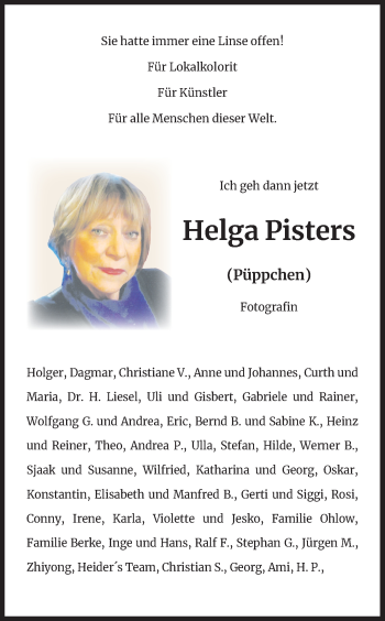 Anzeige von Helga Pfisters von Kölner Stadt-Anzeiger / Kölnische Rundschau / Express