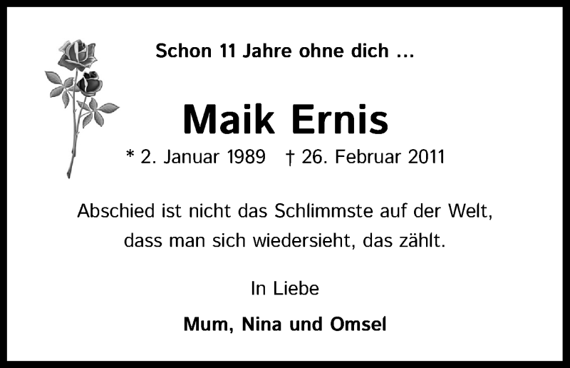  Traueranzeige für Maik Ernis vom 26.02.2022 aus Kölner Stadt-Anzeiger / Kölnische Rundschau / Express