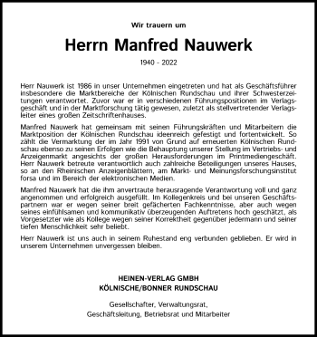 Anzeige von Manfred Nauwerk von Kölner Stadt-Anzeiger / Kölnische Rundschau / Express