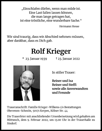 Anzeige von Rolf Krieger von Kölner Stadt-Anzeiger / Kölnische Rundschau / Express