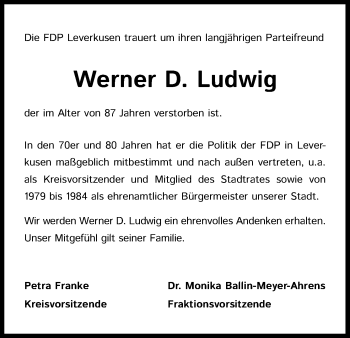Anzeige von Werner D. Ludwig von Kölner Stadt-Anzeiger / Kölnische Rundschau / Express