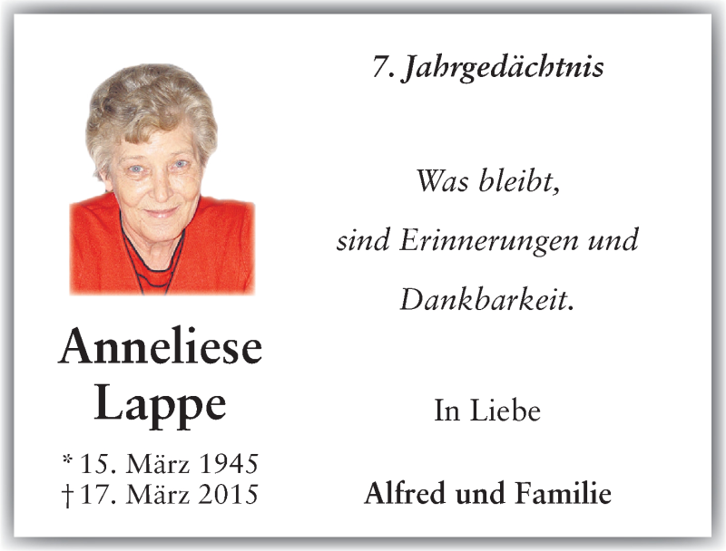  Traueranzeige für Anneliese Lappe vom 12.03.2022 aus  Blickpunkt Euskirchen 