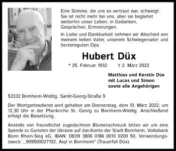 Anzeige von Hubert Düx von Kölner Stadt-Anzeiger / Kölnische Rundschau / Express
