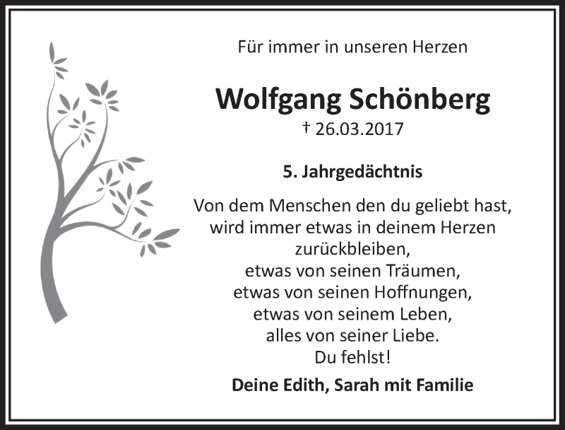 Traueranzeige für Wolfgang Schönberg vom 25.03.2022 aus  Schlossbote/Werbekurier 