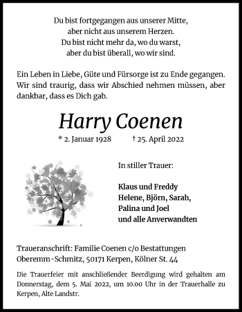 Anzeige von Harry Coenen von Kölner Stadt-Anzeiger / Kölnische Rundschau / Express