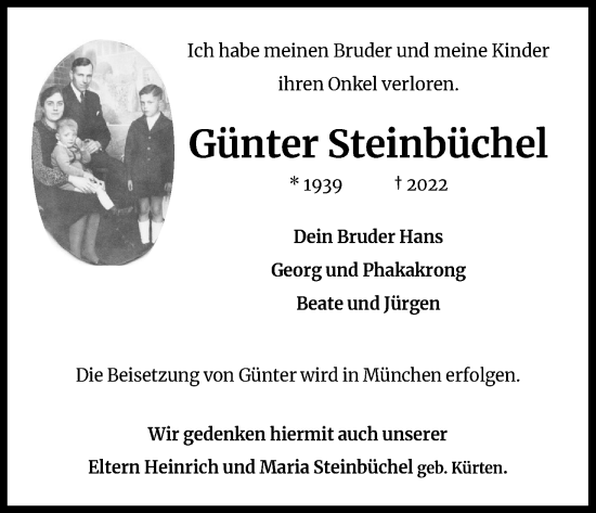 Anzeige von Günter Steinbüchel von Kölner Stadt-Anzeiger / Kölnische Rundschau / Express
