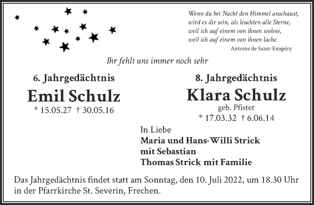  Traueranzeige für Klara Schulz vom 01.07.2022 aus  Wochenende 