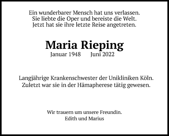Anzeige von Maria Rieping von Kölner Stadt-Anzeiger / Kölnische Rundschau / Express