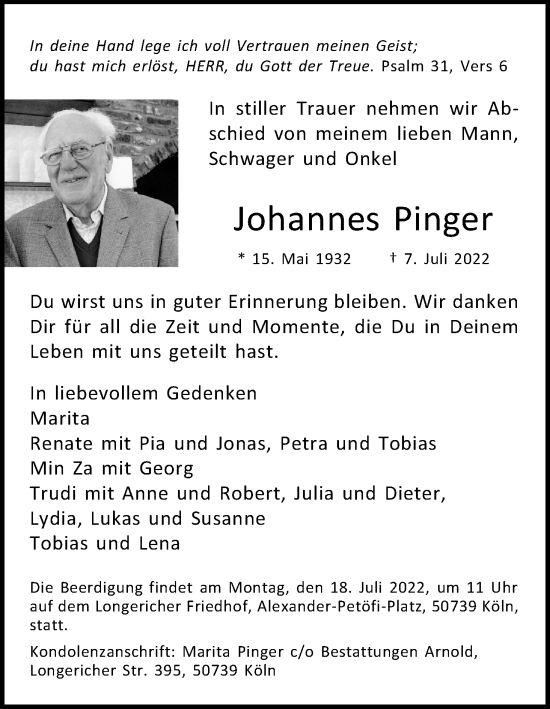 Anzeige von Johannes Pinger von Kölner Stadt-Anzeiger / Kölnische Rundschau / Express
