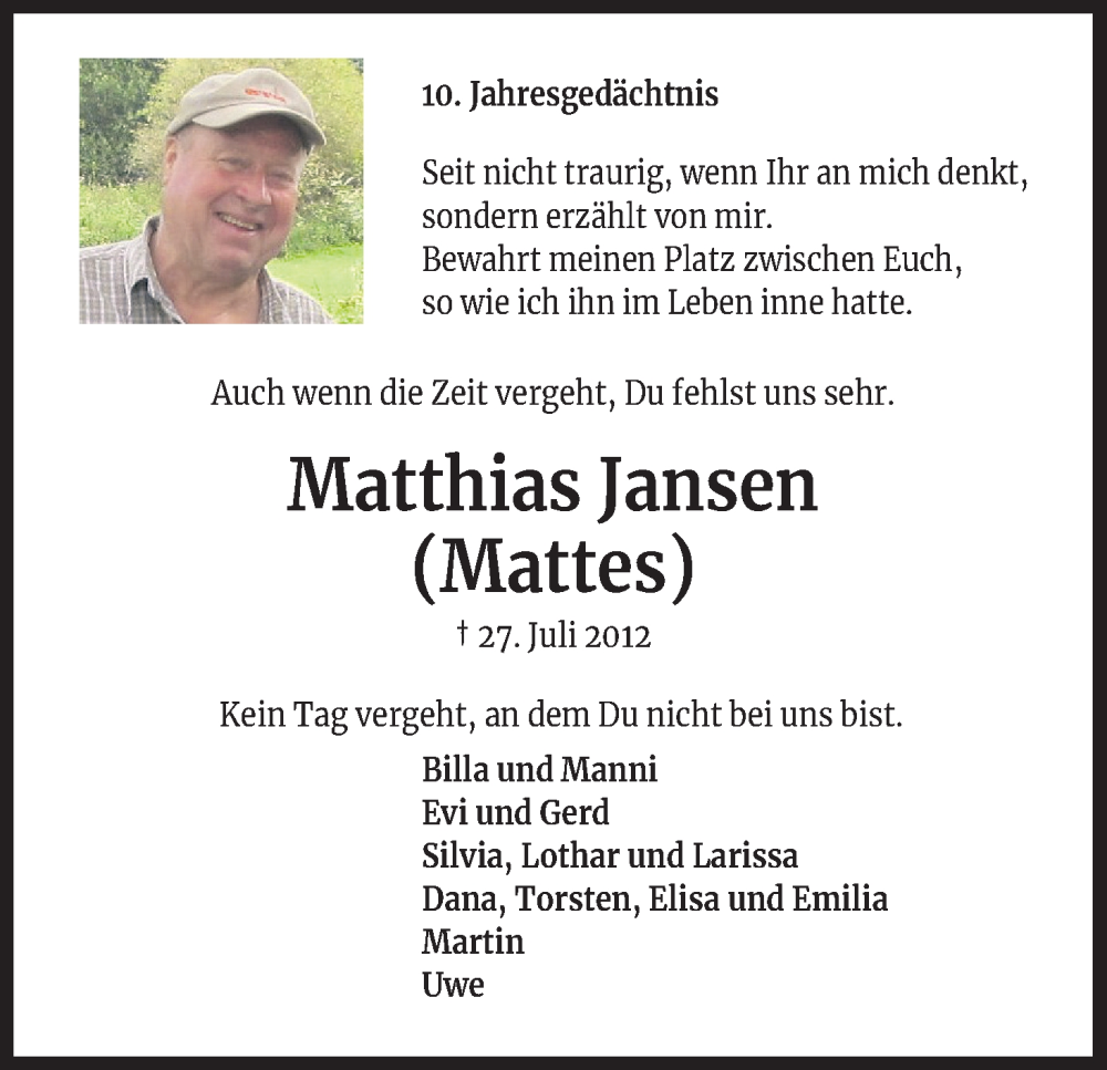  Traueranzeige für Matthias Jansen vom 27.07.2022 aus Kölner Stadt-Anzeiger / Kölnische Rundschau / Express