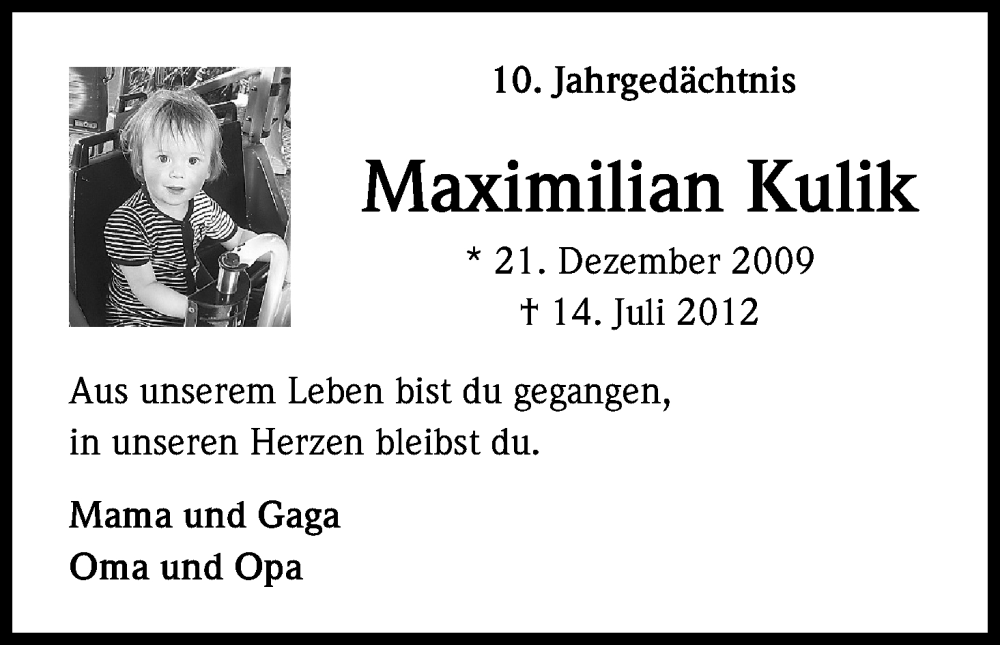  Traueranzeige für Maximilian Kulik vom 14.07.2022 aus Kölner Stadt-Anzeiger / Kölnische Rundschau / Express