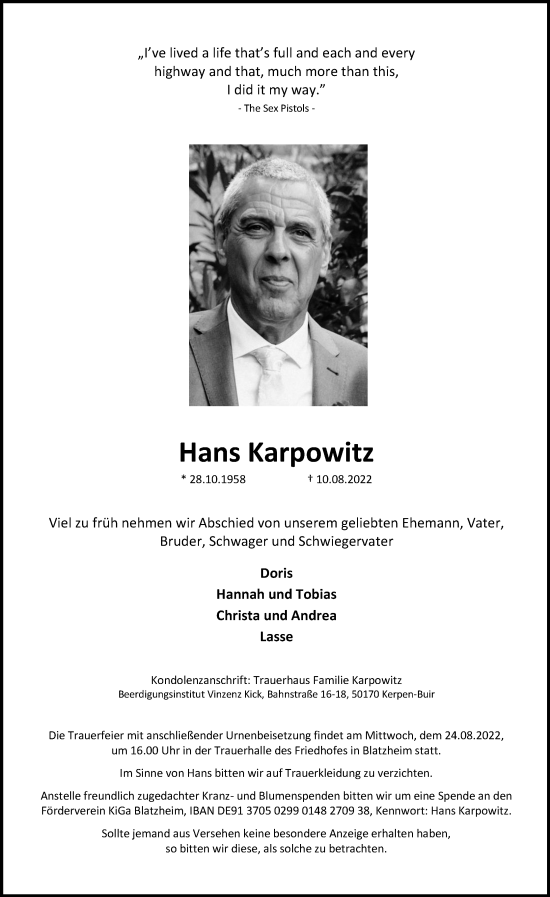 Anzeige von Hans Karpowitz von Kölner Stadt-Anzeiger / Kölnische Rundschau / Express