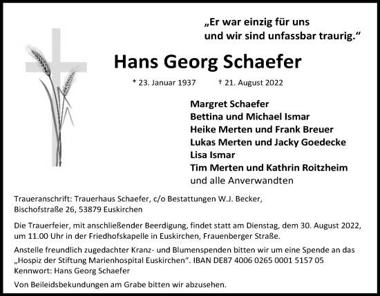 Anzeige von Hans Georg Schaefer von Kölner Stadt-Anzeiger / Kölnische Rundschau / Express