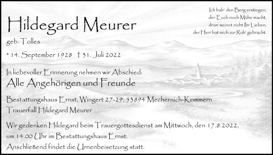 Anzeige von Hildegard Meurer von Kölner Stadt-Anzeiger / Kölnische Rundschau / Express