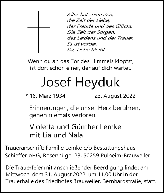 Anzeige von Josef Heyduk von Kölner Stadt-Anzeiger / Kölnische Rundschau / Express