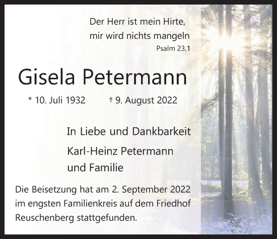 Anzeige von Gisela Petermann von Kölner Stadt-Anzeiger / Kölnische Rundschau / Express