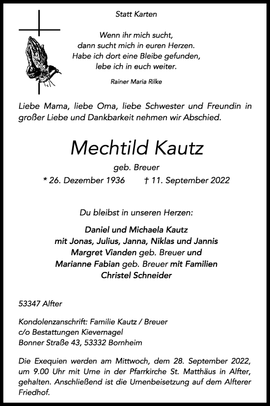 Anzeige von Mechtild Kautz von Kölner Stadt-Anzeiger / Kölnische Rundschau / Express