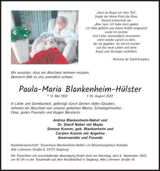 Anzeige von Paula-Maria Blankenheim-Hülster von Kölner Stadt-Anzeiger / Kölnische Rundschau / Express