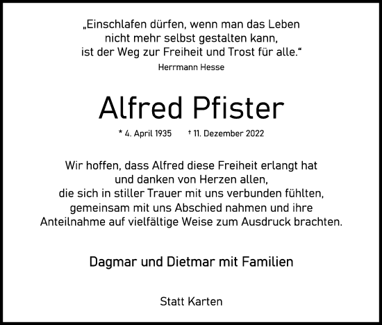 Anzeige von Alfred Pfister von Kölner Stadt-Anzeiger / Kölnische Rundschau / Express