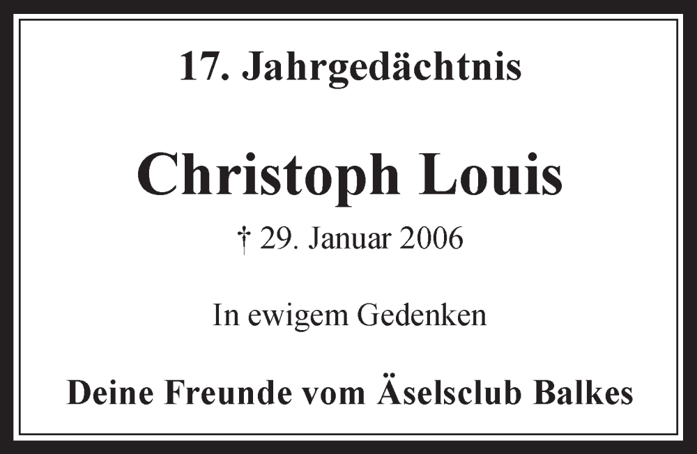  Traueranzeige für Christoph Louis vom 27.01.2023 aus  Werbepost 