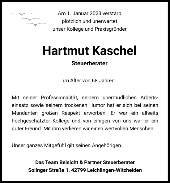 Anzeige von Hartmut Kaschel von Kölner Stadt-Anzeiger / Kölnische Rundschau / Express