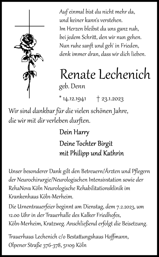Anzeige von Renate Lechenich von Kölner Stadt-Anzeiger / Kölnische Rundschau / Express