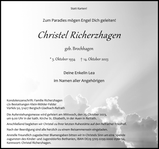 Anzeige von Christel Richerzhagen von Kölner Stadt-Anzeiger / Kölnische Rundschau / Express