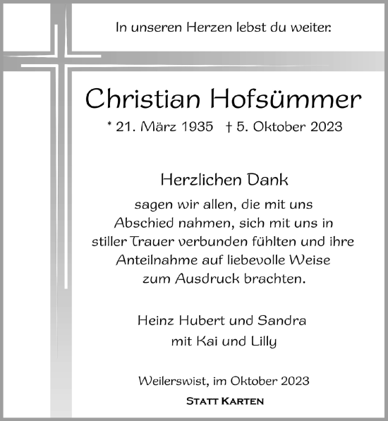 Anzeige von Christian Hofsümmer von  Blickpunkt Euskirchen 