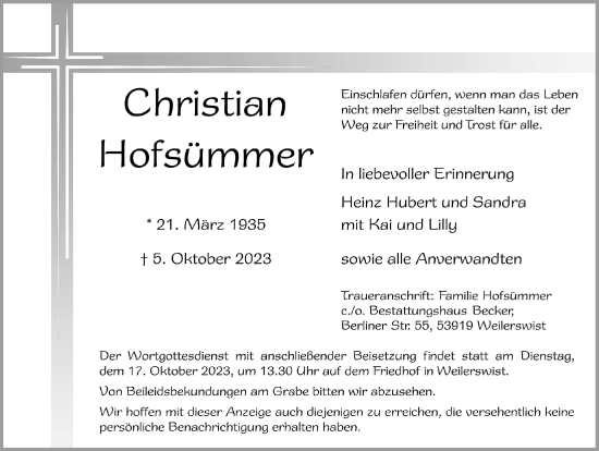Anzeige von Christian Hofsümmer von  Blickpunkt Euskirchen 