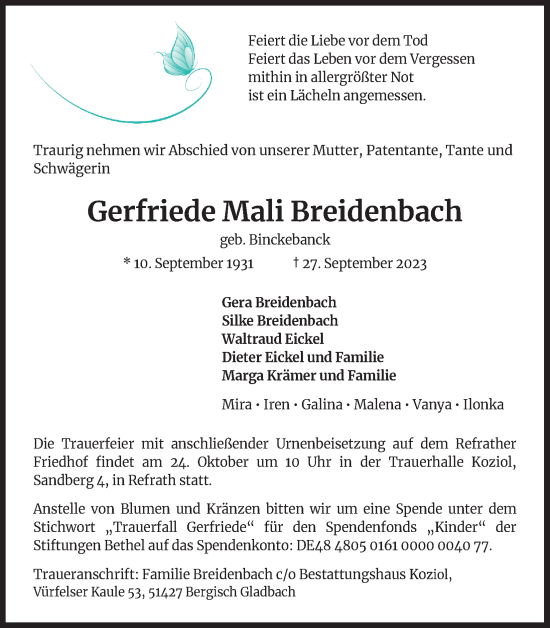 Anzeige von Gerfriede Mali Breidenbach von Kölner Stadt-Anzeiger / Kölnische Rundschau / Express