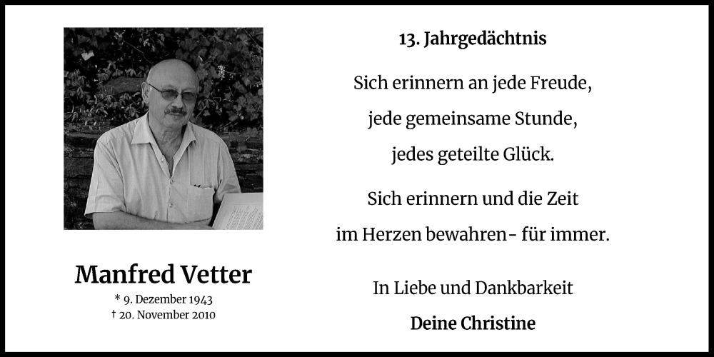  Traueranzeige für Manfred Vetter vom 20.11.2023 aus Kölner Stadt-Anzeiger / Kölnische Rundschau / Express