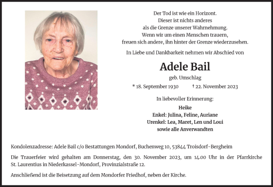 Anzeige von Adele Bail von Kölner Stadt-Anzeiger / Kölnische Rundschau / Express