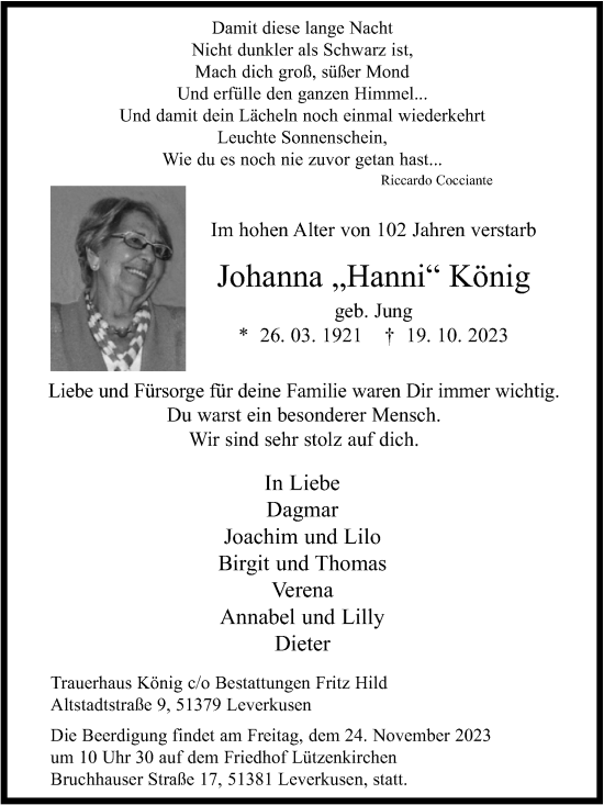 Anzeige von Johanna  König von Kölner Stadt-Anzeiger / Kölnische Rundschau / Express