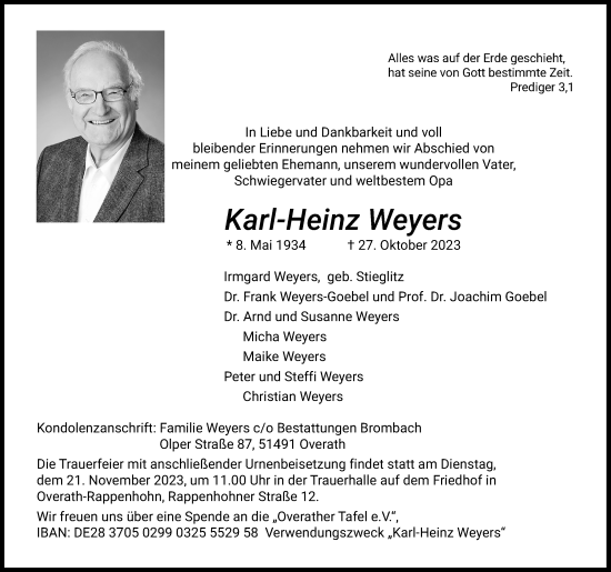 Anzeige von Karl-Heinz Weyers von Kölner Stadt-Anzeiger / Kölnische Rundschau / Express
