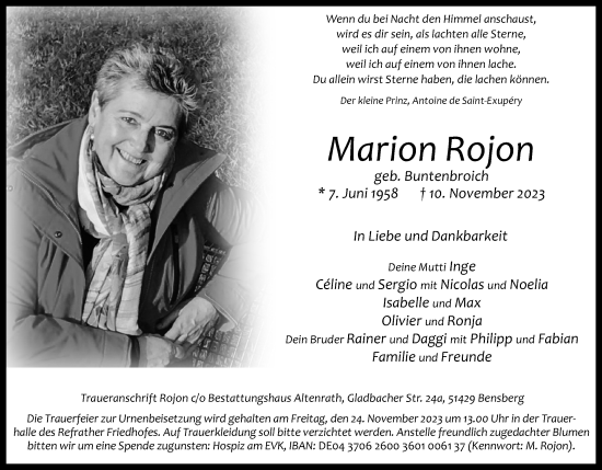 Anzeige von Marion Rojon von Kölner Stadt-Anzeiger / Kölnische Rundschau / Express