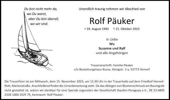 Anzeige von Rolf Päuker von Kölner Stadt-Anzeiger / Kölnische Rundschau / Express