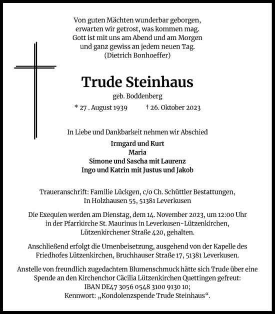Anzeige von Trude Steinhaus von Kölner Stadt-Anzeiger / Kölnische Rundschau / Express