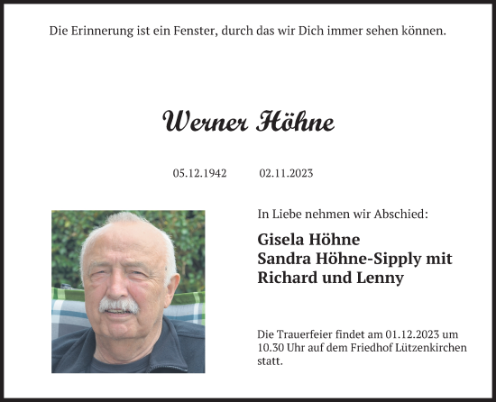 Anzeige von Werner Höhne von Kölner Stadt-Anzeiger / Kölnische Rundschau / Express