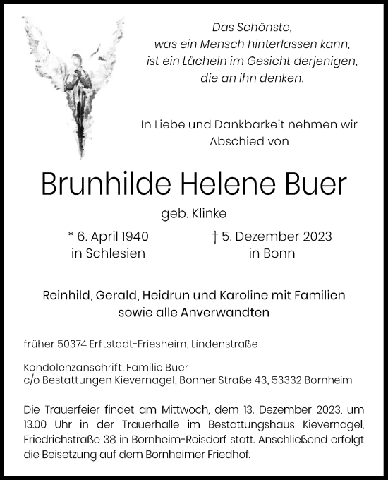 Anzeige von Brunhilde Helene Buer von Kölner Stadt-Anzeiger / Kölnische Rundschau / Express