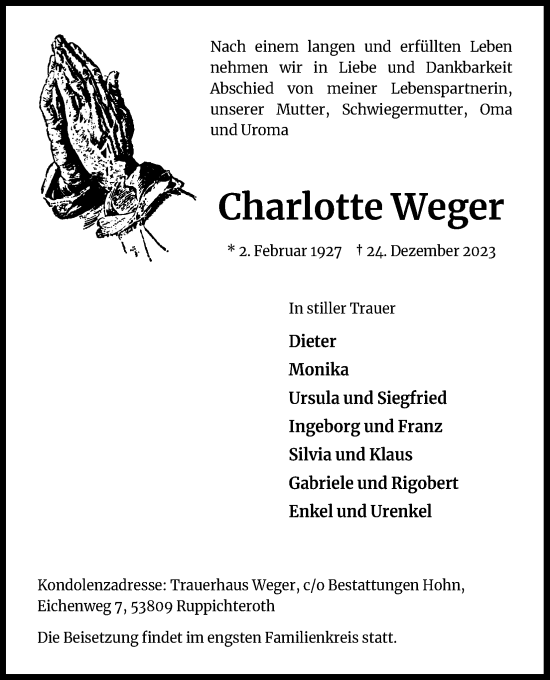 Anzeige von Charlotte Weger von Kölner Stadt-Anzeiger / Kölnische Rundschau / Express