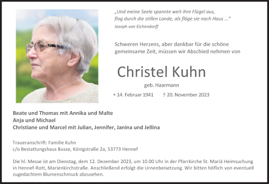 Anzeige von Christel Kuhn von Kölner Stadt-Anzeiger / Kölnische Rundschau / Express