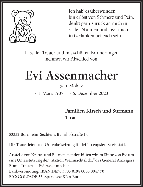 Anzeige von Evi Assenmacher von  Schaufenster/Blickpunkt  Schlossbote/Werbekurier 
