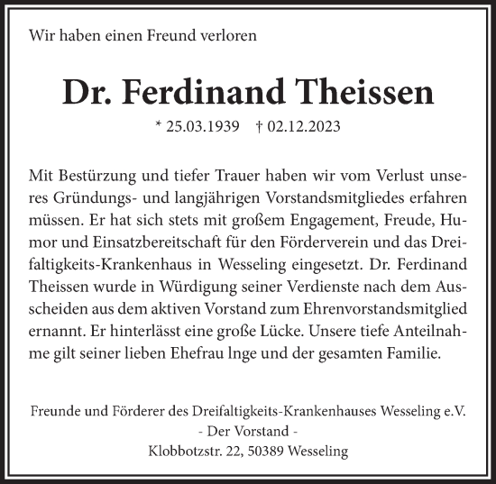 Anzeige von Ferdinand Theissen von  Schlossbote/Werbekurier 