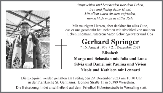 Anzeige von Gerhard Springer von  Schlossbote/Werbekurier 