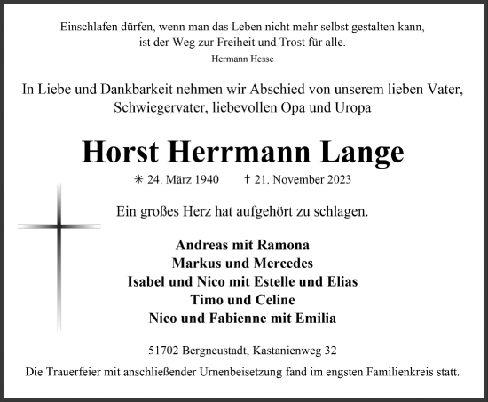 Anzeige von Horst Herrmann Lange von  Anzeigen Echo 