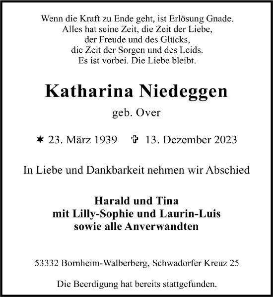 Anzeige von Katharina Niedeggen von  Schlossbote/Werbekurier 