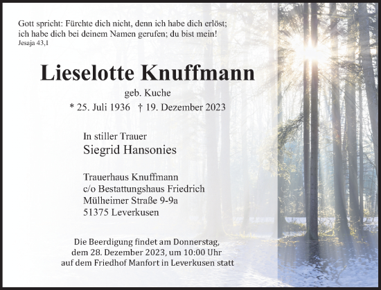 Anzeige von Lieselotte Knuffmann von Kölner Stadt-Anzeiger / Kölnische Rundschau / Express
