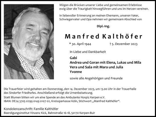 Anzeige von Manfred Kalthöfer von Kölner Stadt-Anzeiger / Kölnische Rundschau / Express
